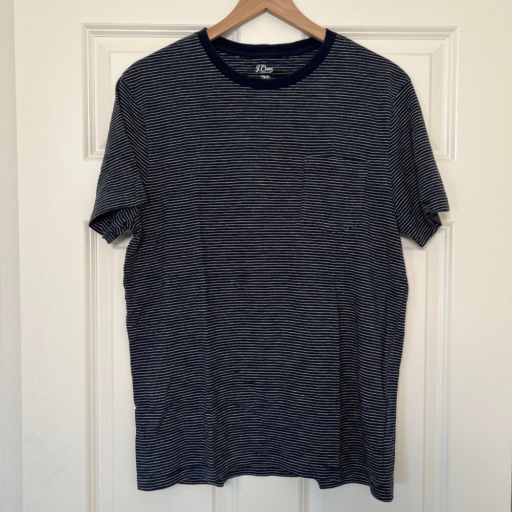 J. Crew Mens White/Navy Blue Striped Garment-Dyed Pocket Tshirt Casual Tee